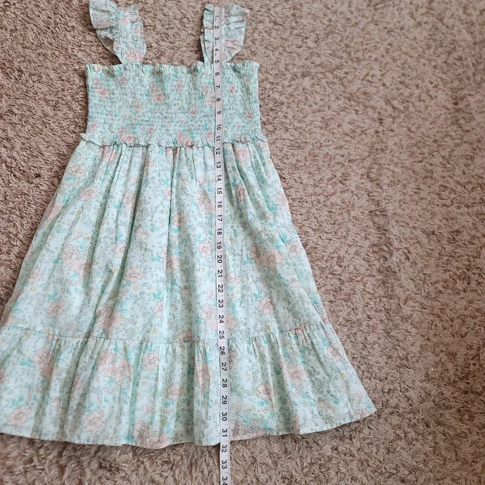 Janie and Jack Floral Sun Dress Girls 14 Mint Green Smocked Ruffle Tiered Cotton